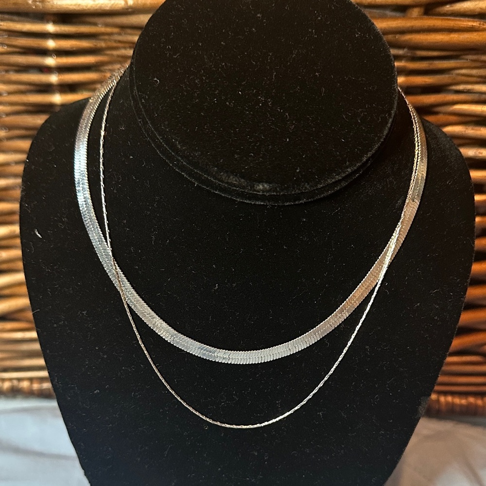 Silver Tone Layered Herringbone and Snake Chain Necklace